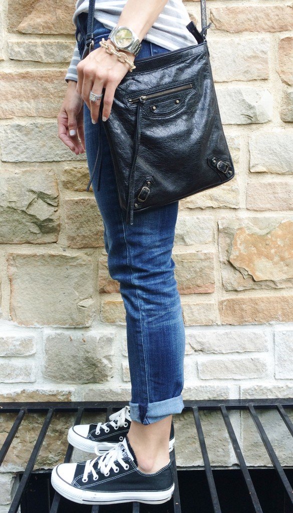 Easy mama style: striped tee, denim, crossbody, and Converse