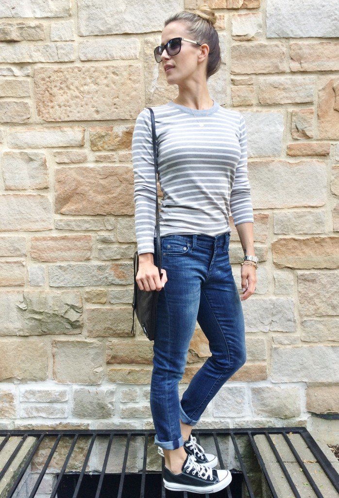 Easy mama style: striped tee, denim, crossbody, and Converse