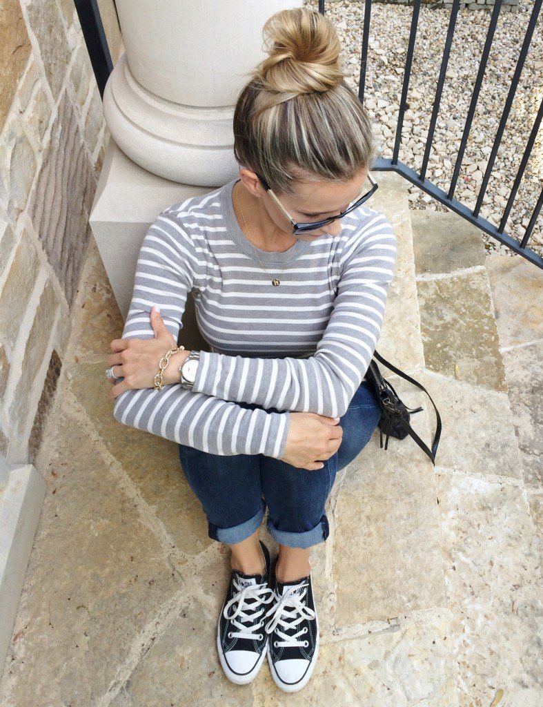 Easy mama style: striped tee, denim, crossbody, and Converse