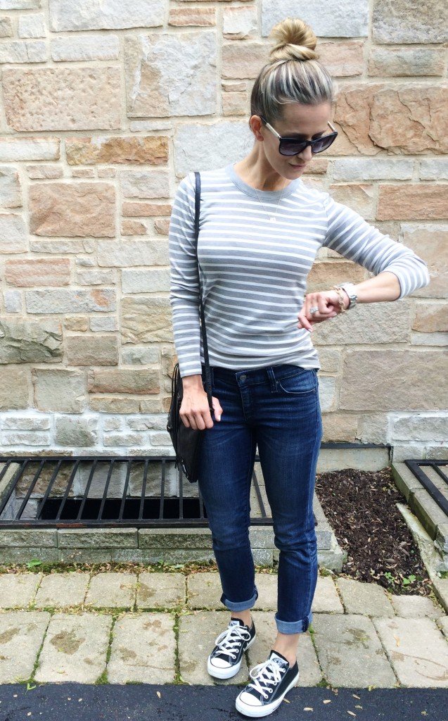 Easy mama style: striped tee, denim, crossbody, and Converse