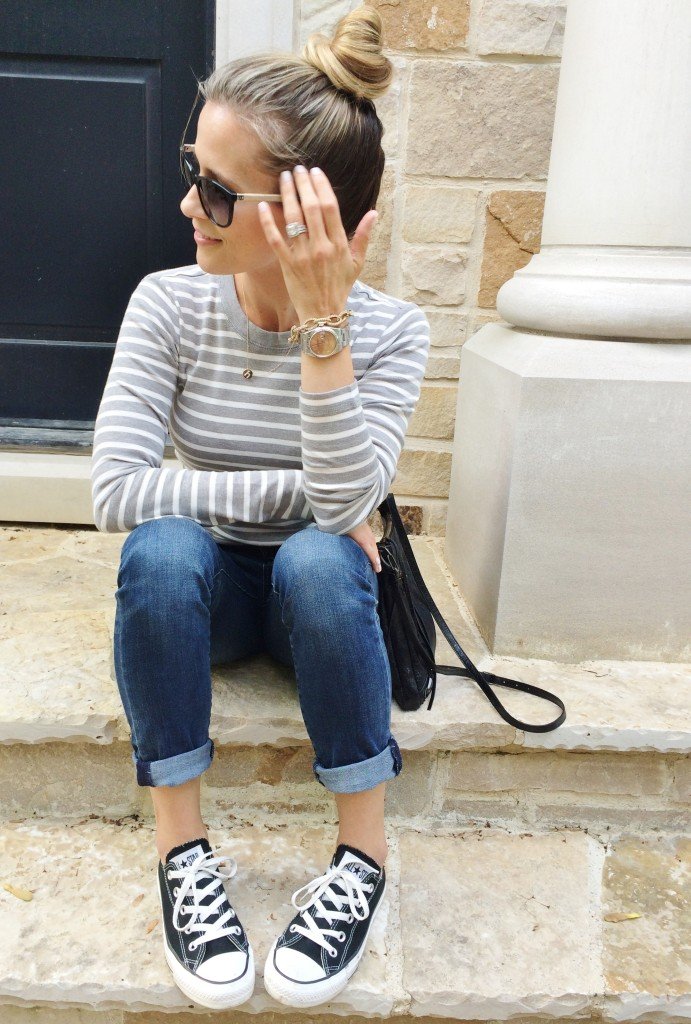 Easy mama style: striped tee, denim, crossbody, and Converse