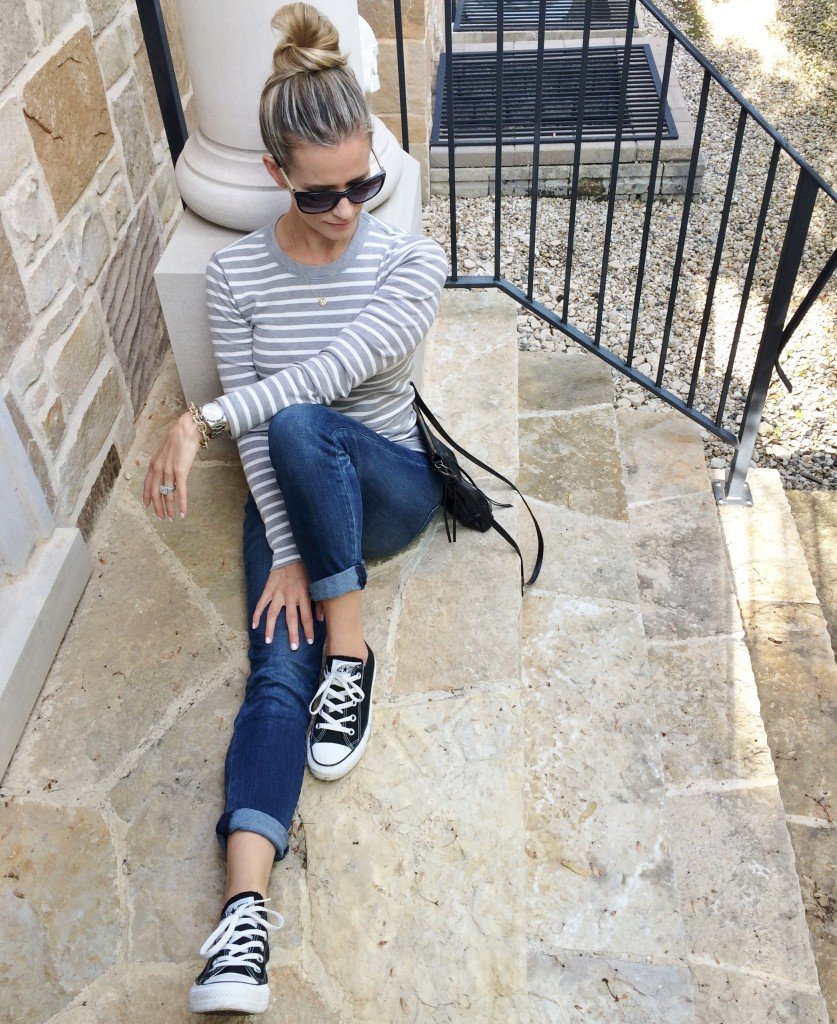 Easy mama style: striped tee, denim, crossbody, and Converse