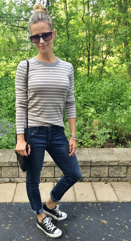 Easy mama style: striped tee, denim, crossbody, and Converse