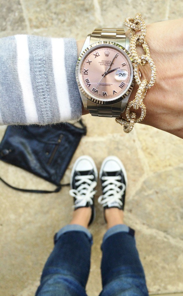 Easy mama style: striped tee, denim, crossbody, and Converse