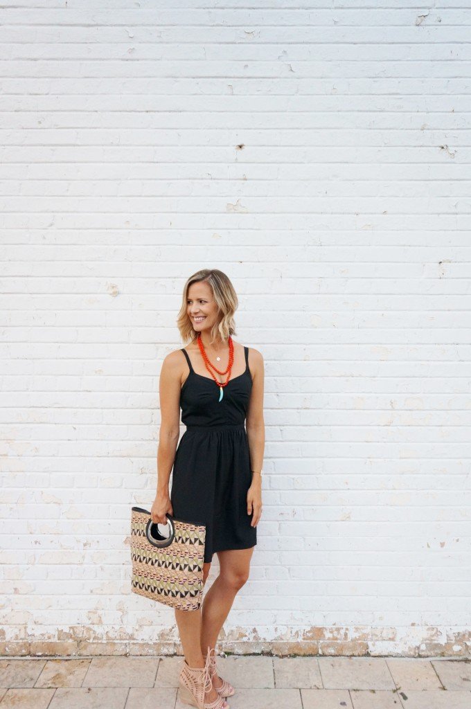 Little black dress, wrap up heels, tote, and statement jewelry