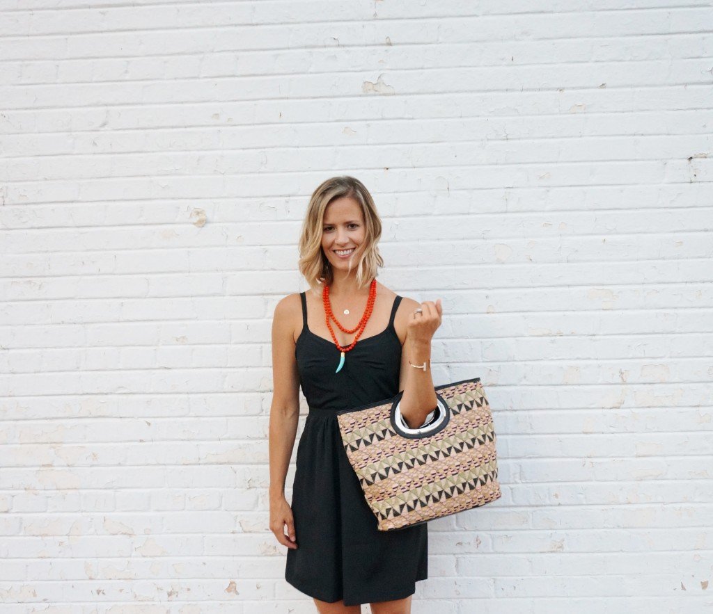 Little black dress, wrap up heels, tote, and statement jewelry