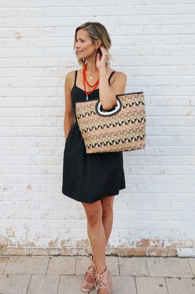Little black dress, wrap up heels, tote, and statement jewelry