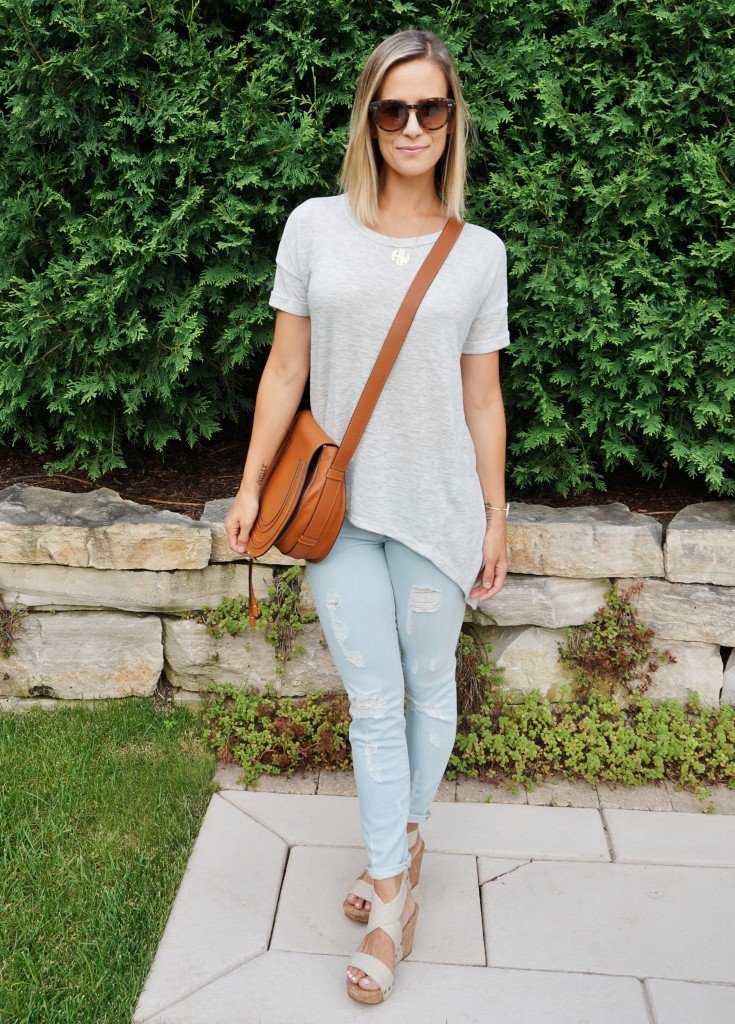 Simple summer style: tee, denim, Chloe bag, sandals, sunglasses