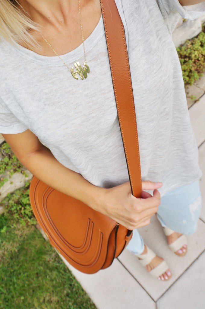 Simple summer style: tee, denim, Chloe bag, sandals, sunglasses