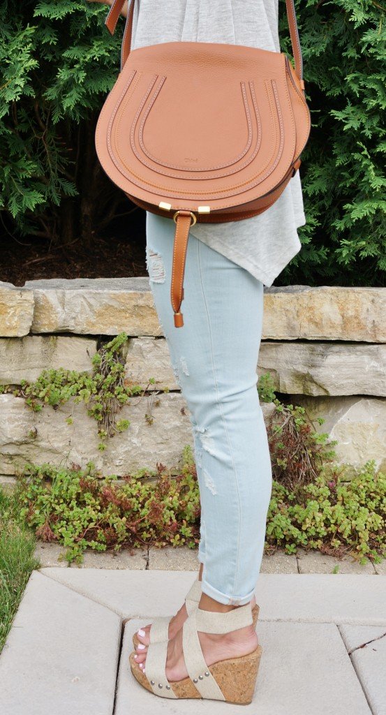 Simple summer style: tee, denim, Chloe bag, wedges, sunglasses