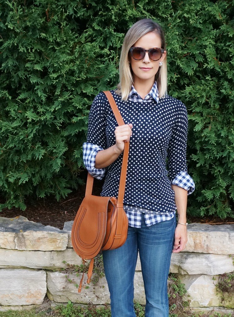 Fall style: gingham button down, polka dot tee, denim flares, Chloe bag