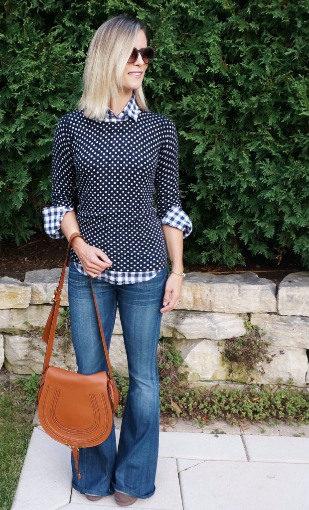 Fall style: gingham button down, polka dot tee, denim flares, Chloe bag