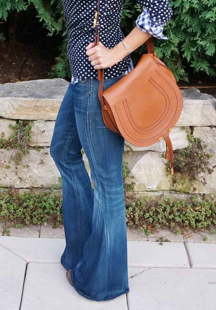 Fall style: gingham button down, polka dot tee, denim flares, Chloe bag