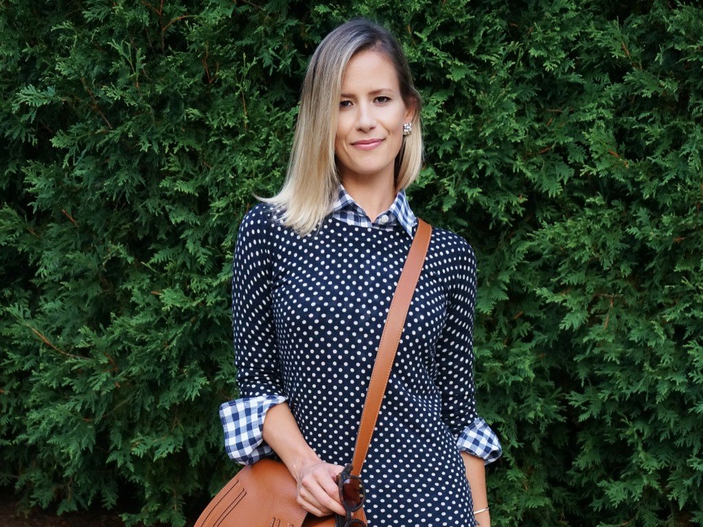 Fall style: gingham button down, polka dot tee, denim flares, Chloe bag