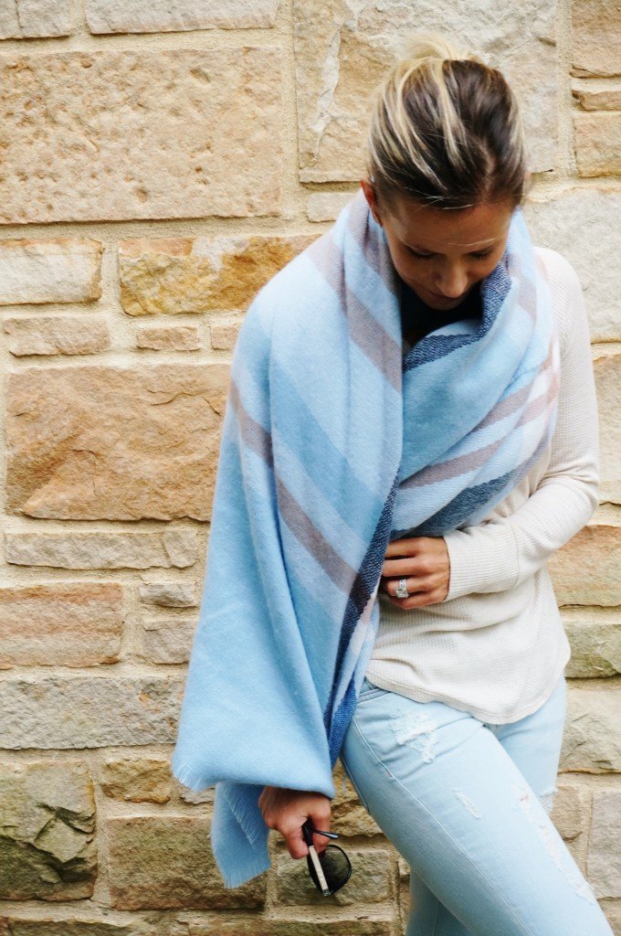 Sweater, denim, sneakers, blanket scarf