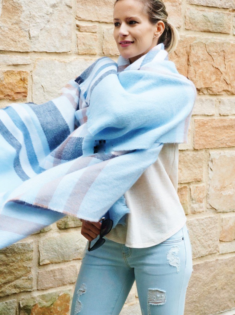 Sweater, denim, sneakers, blanket scarf