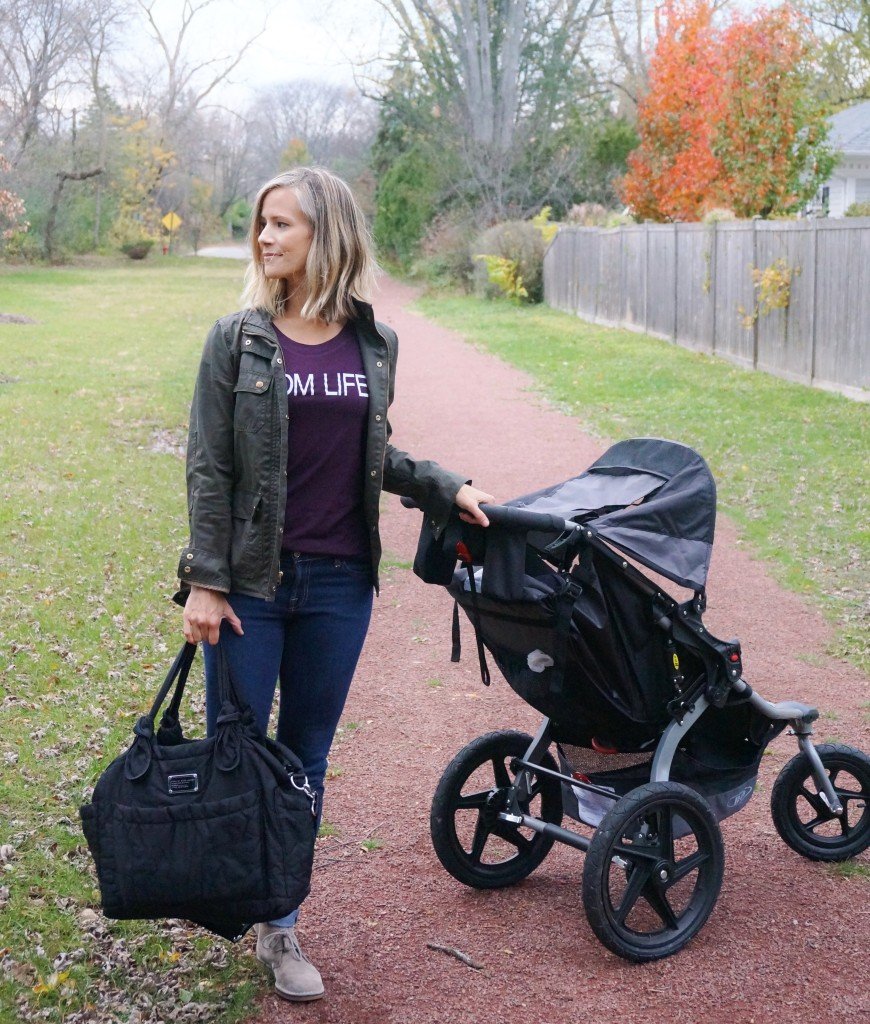 Mom life tee, army jacket denim, and booties