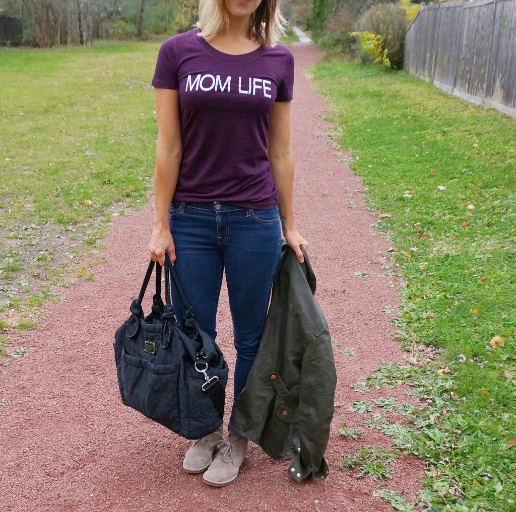 Mom life tee, army jacket denim, and booties
