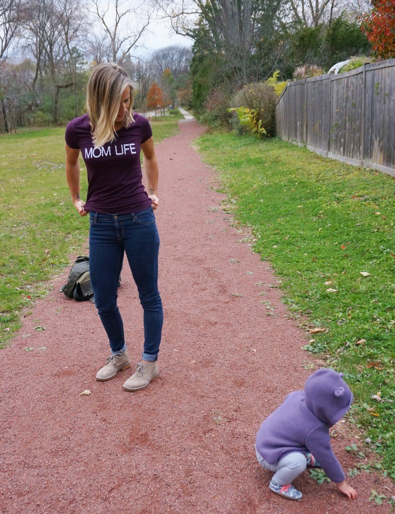 Mom life tee, army jacket denim, and booties