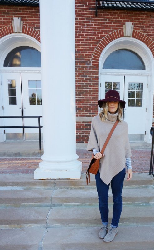 Long sleeve tee, poncho, denim, booties, Chloe crossbody, hat