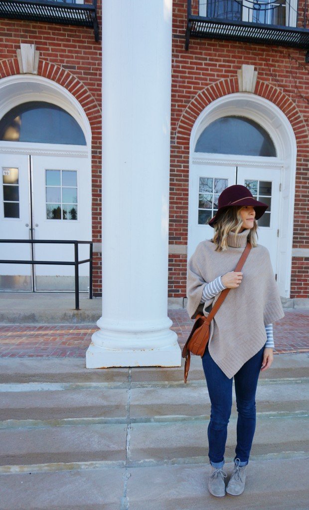 Long sleeve tee, poncho, denim, booties, Chloe crossbody, hat