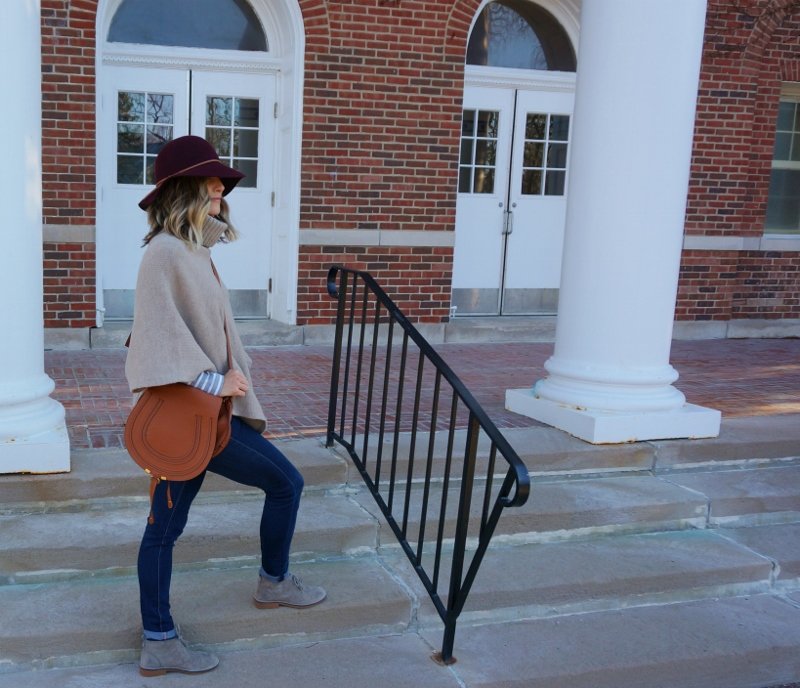 Long sleeve tee, poncho, denim, booties, Chloe crossbody, hat