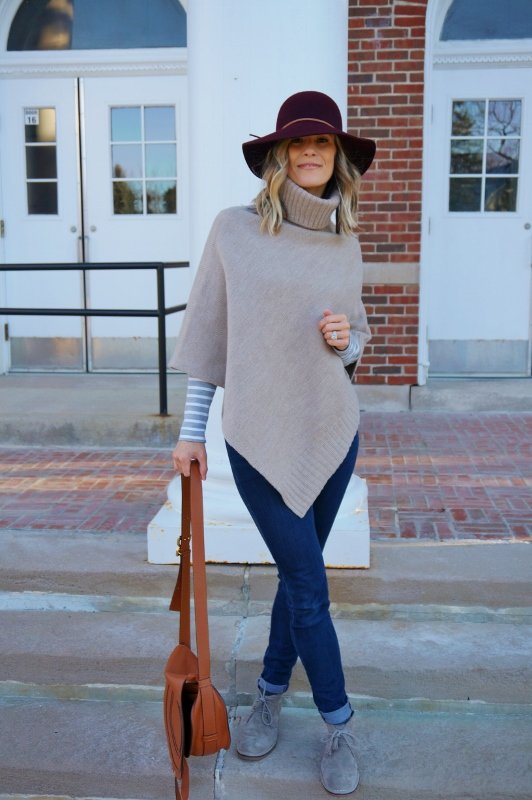 Long sleeve tee, poncho, denim, booties, Chloe crossbody, hat