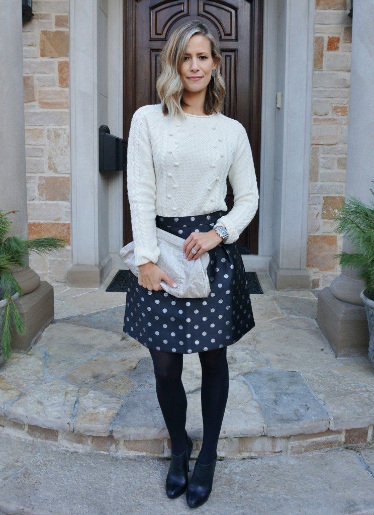 Cozy sweater, skirt, tights, booties, clutch