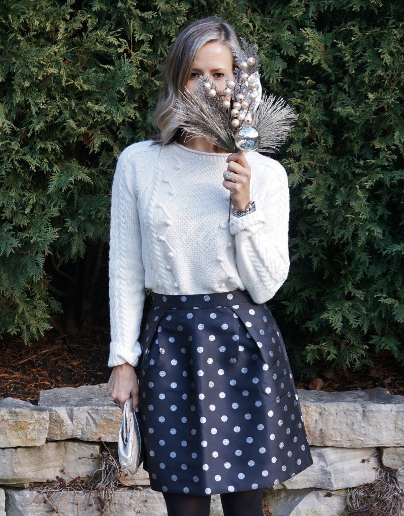 Cozy sweater, skirt, tights, booties, clutch