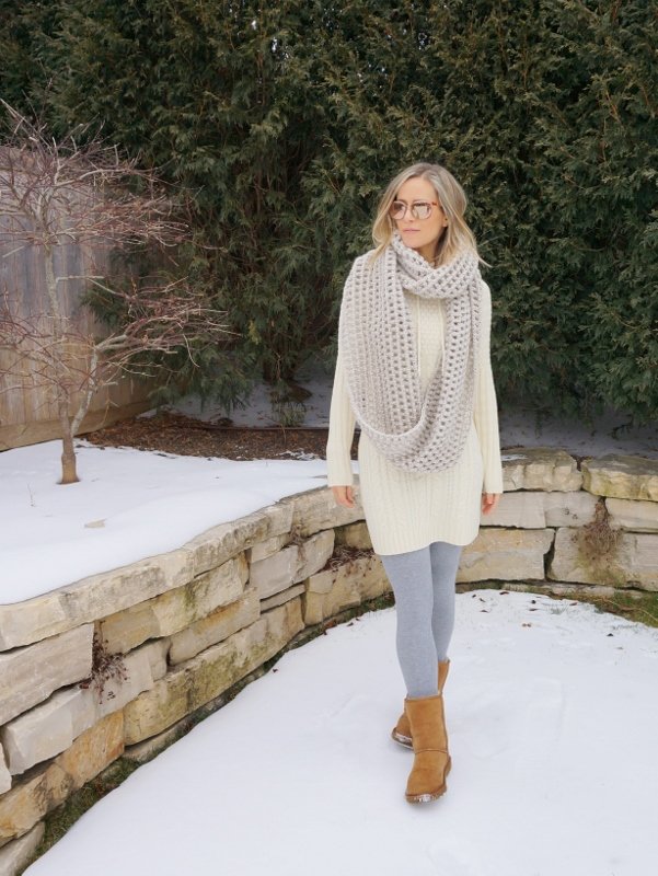 Sweater dress, scarf, leggings, Uggs, sunglasses