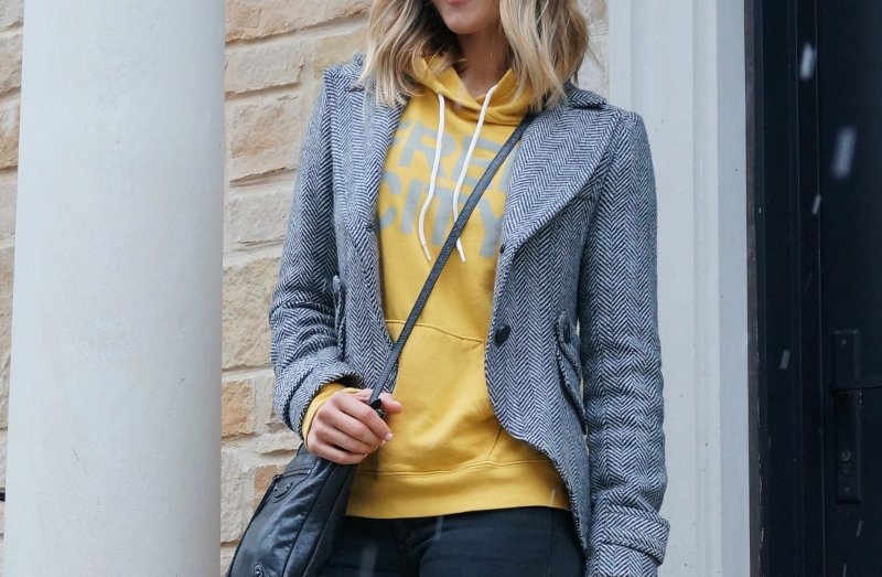 Wearing old pieces: hoodies, jacket, denim, sneakers