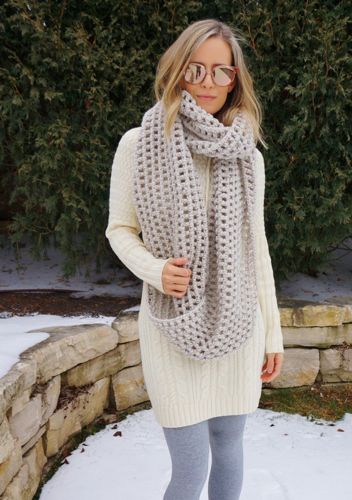Sweater dress, scarf, leggings, Uggs, sunglasses