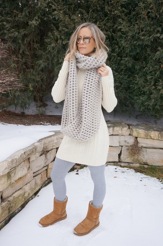 Sweater dress, scarf, leggings, Uggs, sunglasses