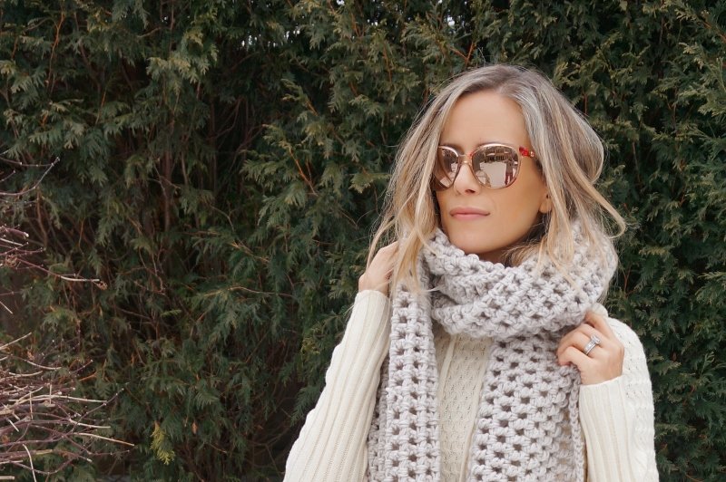 Sweater dress, scarf, leggings, Uggs, sunglasses