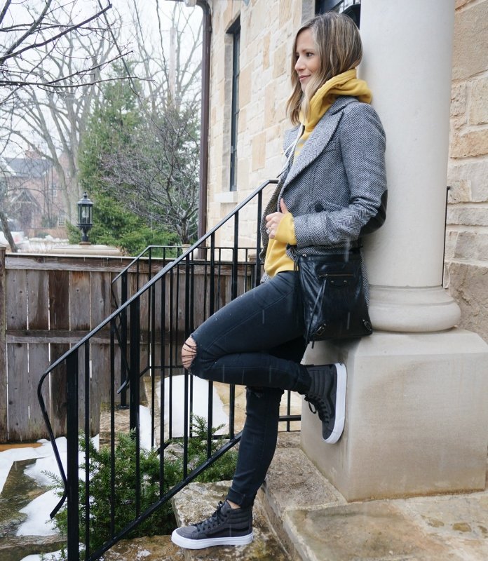 Wearing old pieces: hoodies, jacket, denim, sneakers