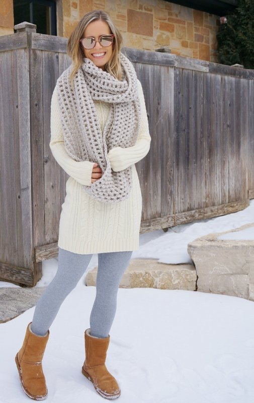 Sweater dress, scarf, leggings, Uggs, sunglasses