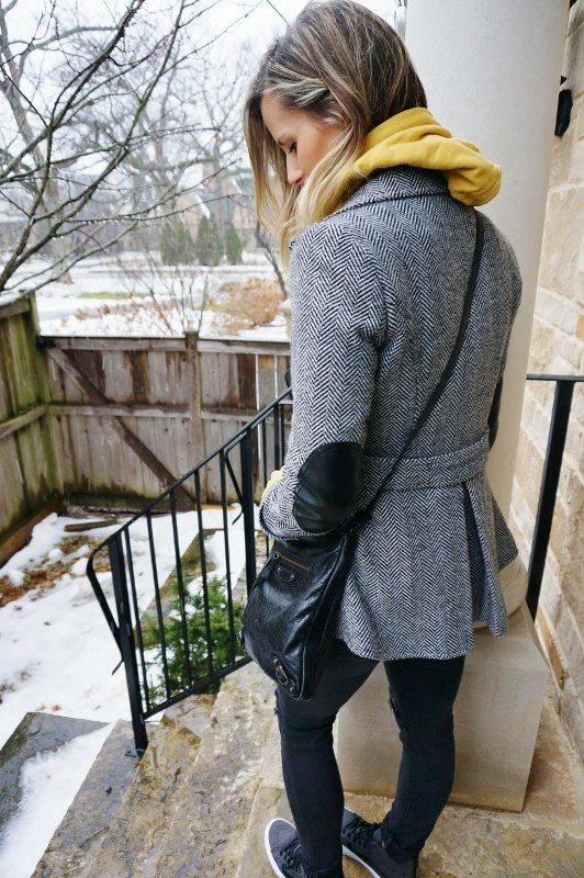 Wearing old pieces: hoodies, jacket, denim, sneakers