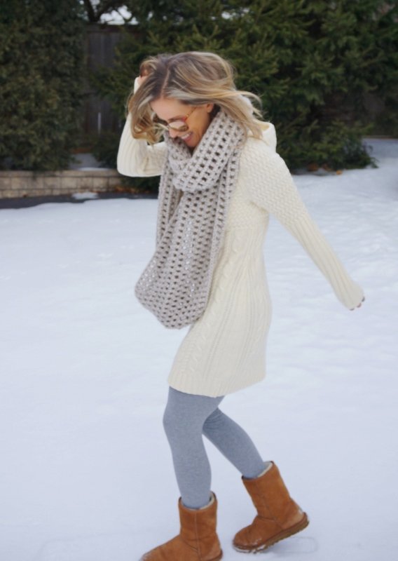 Sweater dress, scarf, leggings, Uggs, sunglasses