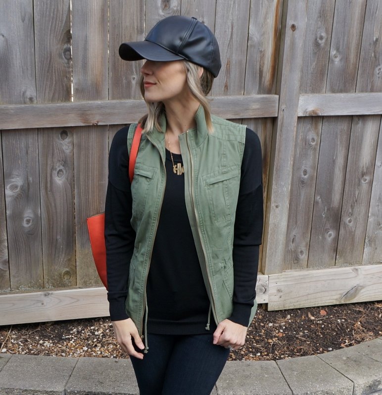 Comfortable Look: black tee, denim, vest, tote, baseball cap