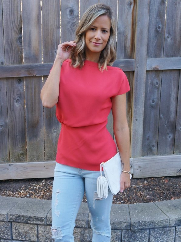 Spring style: Peplum top, denim, wedges, clutch