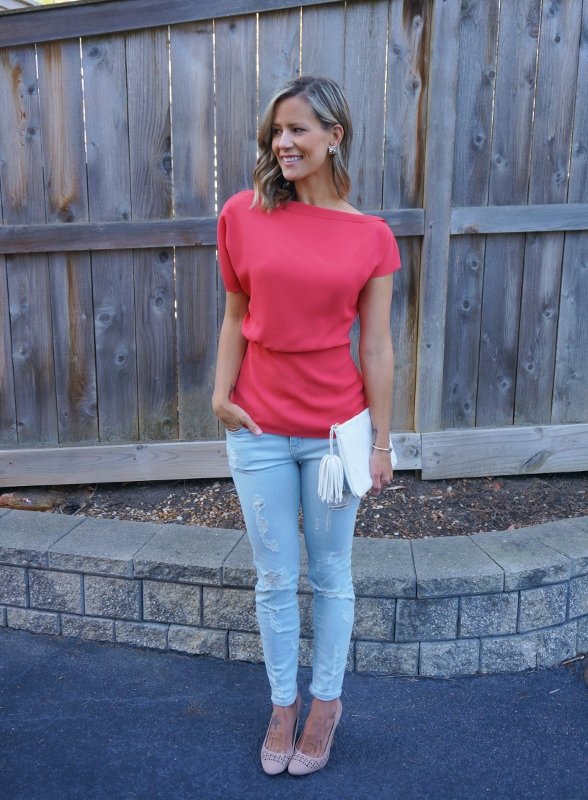Spring style: Peplum top, denim, wedges, clutch