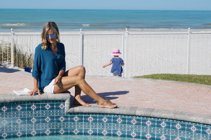 Summer style: blue top and white denim shorts