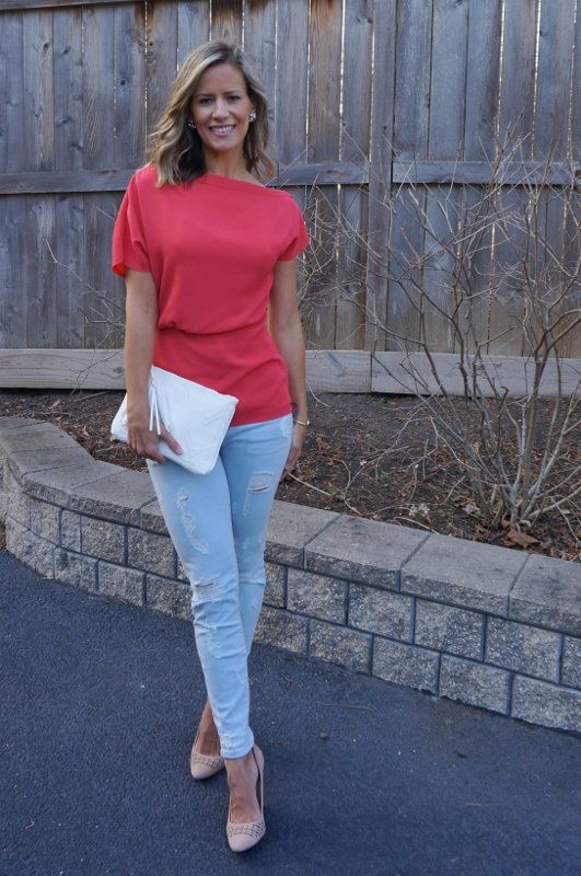 Spring style: Peplum top, denim, wedges, clutch
