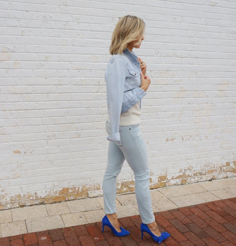 Denim on denim, sweater, blue suede shoes