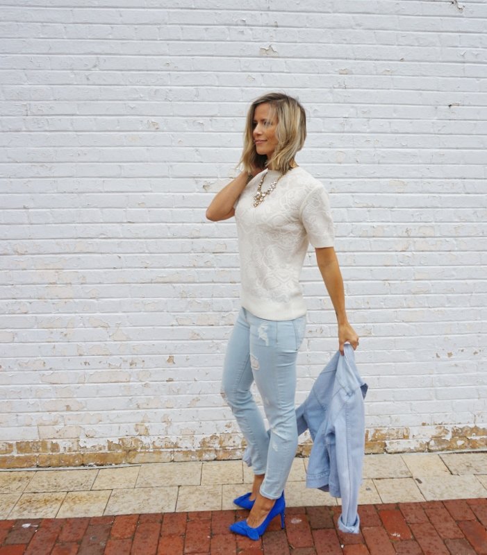 Denim on denim, sweater, blue suede shoes