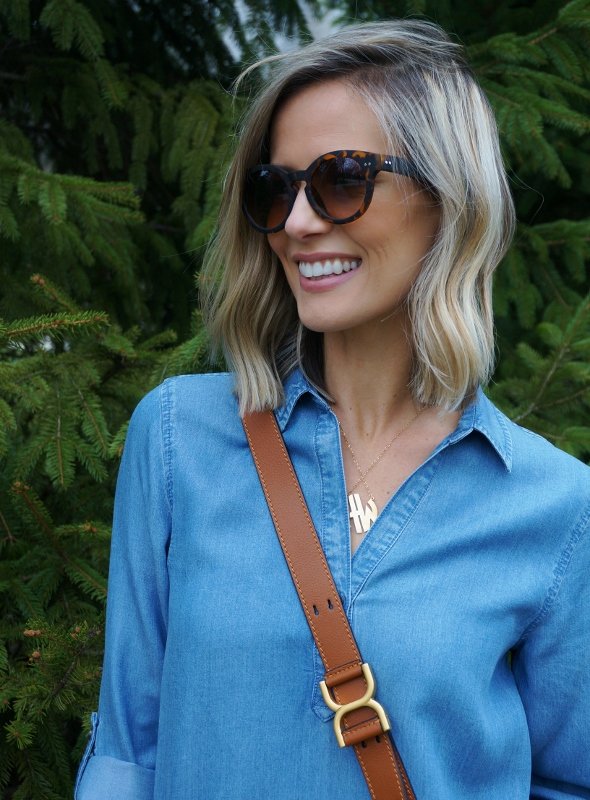 Chambray dress, Chloe bag, fringe wedges, gold jewelry, sunglasses