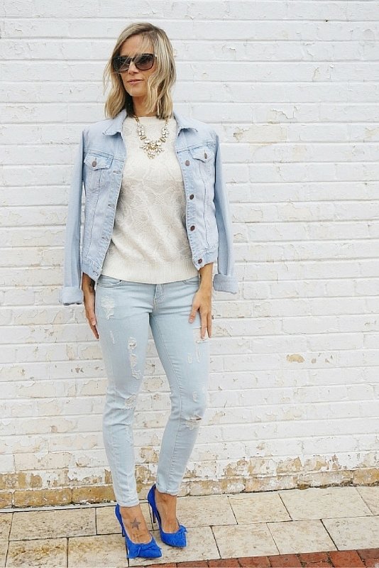 Denim on denim, sweater, blue suede shoes