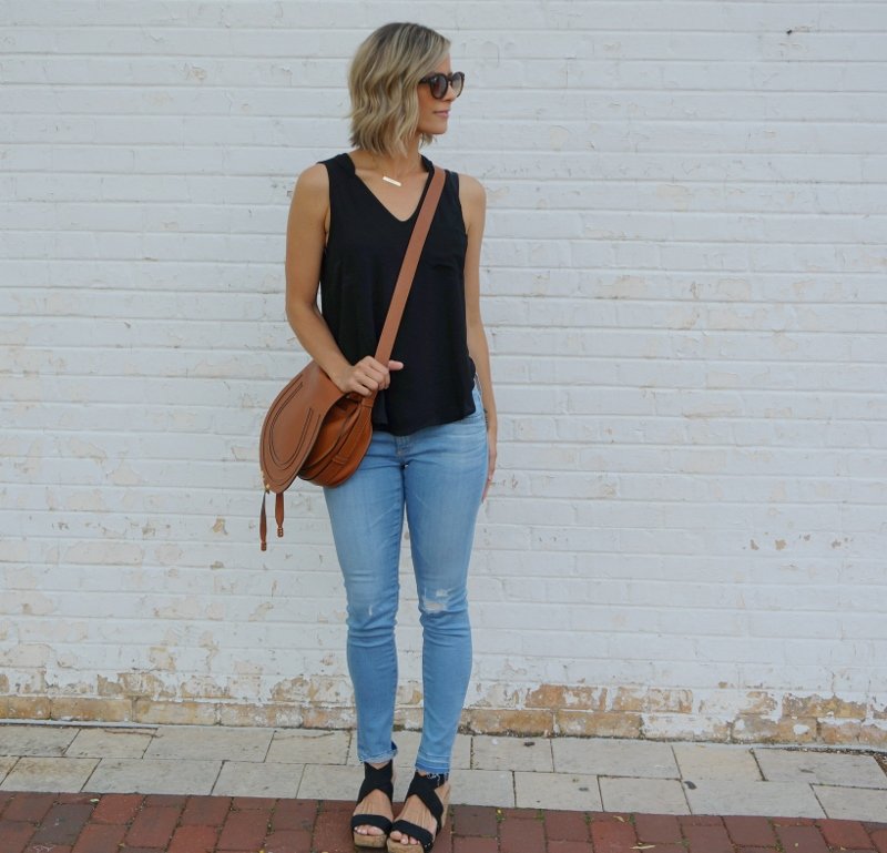 Short hair, summer style: black tank, denim, Chloe cross body, sunglasses, and sandals
