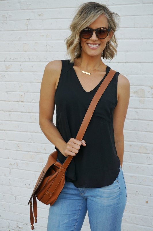Short hair, summer style: black tank, denim, Chloe cross body, sunglasses, and sandals