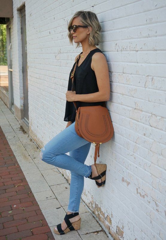 Short hair, summer style: black tank, denim, Chloe cross body, sunglasses, and sandals